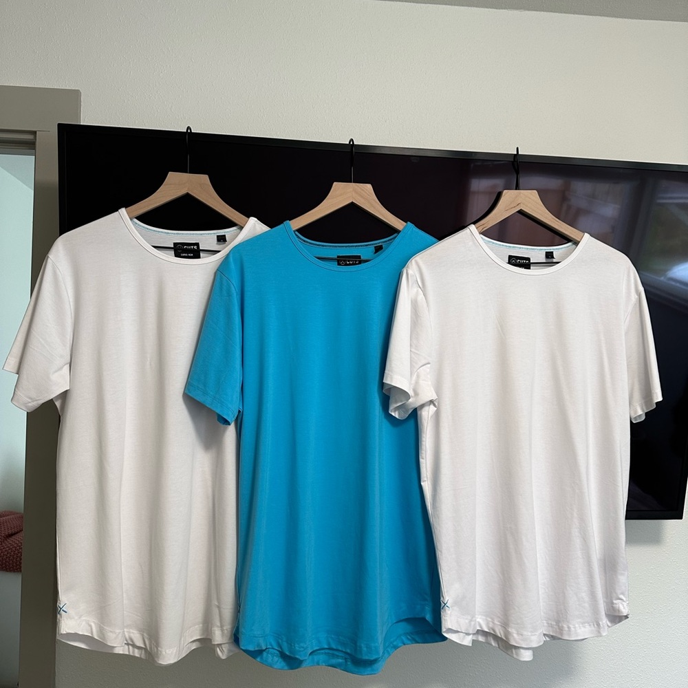 CUTS Anniversary Edition crew curve hem w BLUE X - 2 white 1 blue $42 / ea
